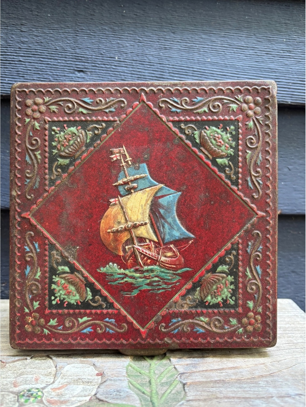 Antique Embossed Sailing Ship Tin Box, Galleon, Red Gold, Biscuit Tin